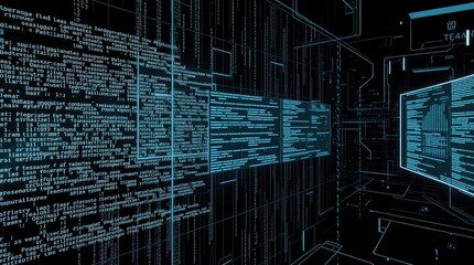 A digital environment featuring flowing code and data visualizations.