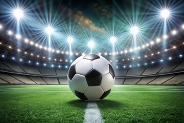 Fototapeta premium Soccer Ball with Stadium Lights in the Background