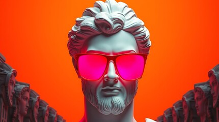 Obraz premium Neon-lit classical statue wearing stylish pink sunglasses against a vibrant orange background, blending ancient art with modern pop culture, perfect for trendy decor and contemporary designs