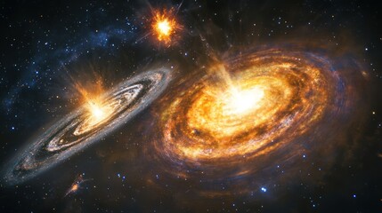 A high-energy digital artwork showing stars colliding during the Andromeda-Milky Way impact, with colorful nebulae exploding in the background