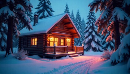 Fototapeta premium A cabin with a snow covered roof and christmas tree in the background