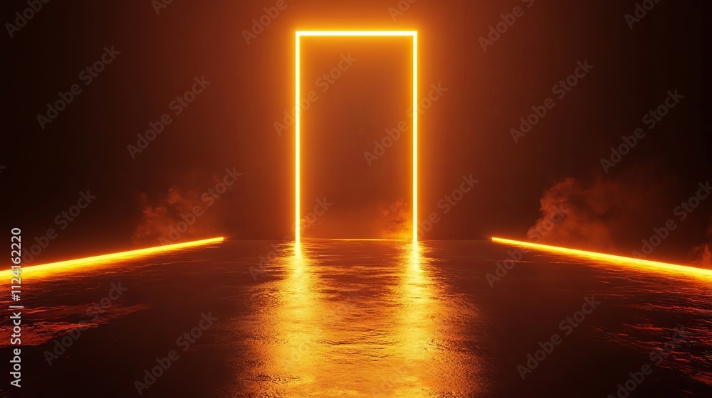 Poster high-quality 3d rendering of an abstract door illuminated by orange light elements in an empty black