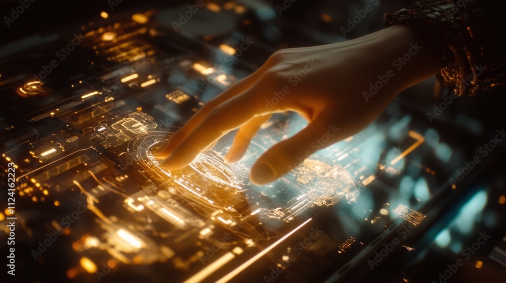 Poster futuristic interaction with advanced technology virtual environment digital interface close-up view 