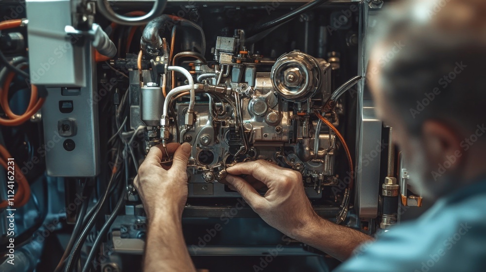 Aufkleber repairing engine components workshop technical guide industrial setting close-up view mechanical mai