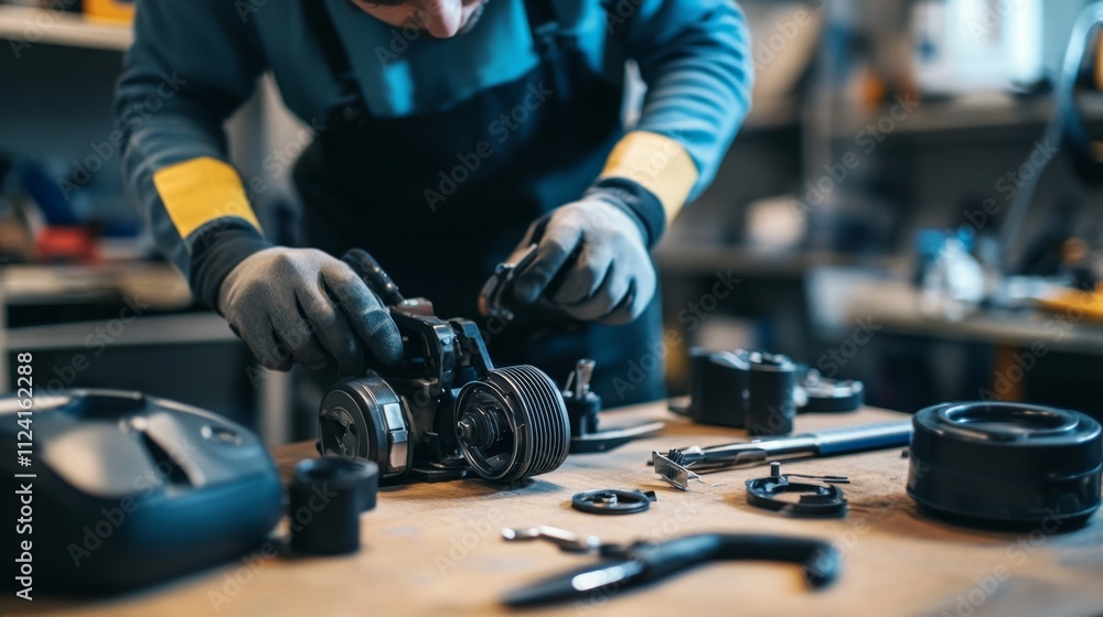 Aufkleber mechanic repairing engine components in workshop industrial setting close-up view precision work for