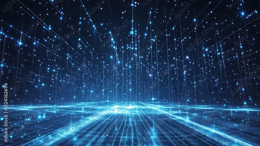 Poster abstract digital data stream, glowing blue lines and particles forming a grid, futuristic technology