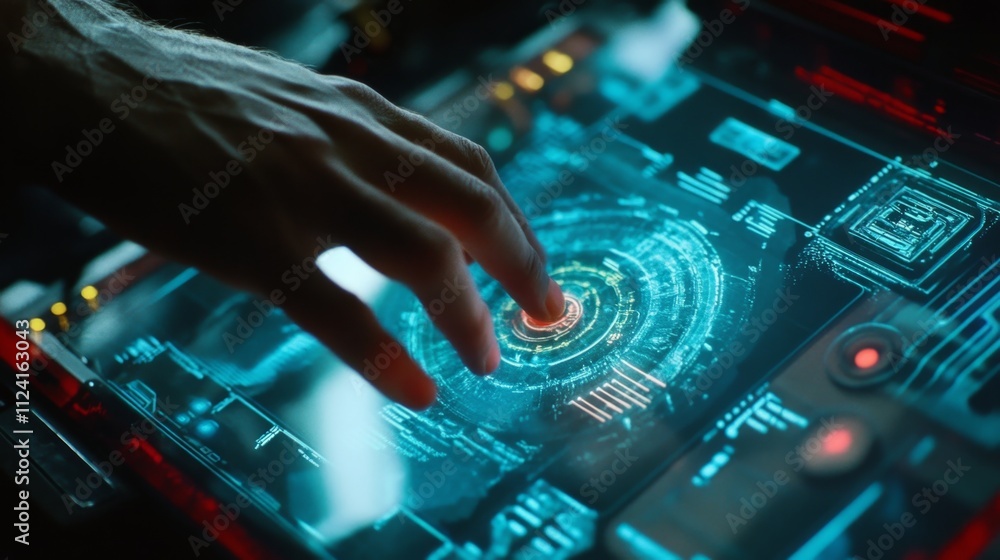 Poster futuristic interaction with holographic interface virtual lab technology display digital environment