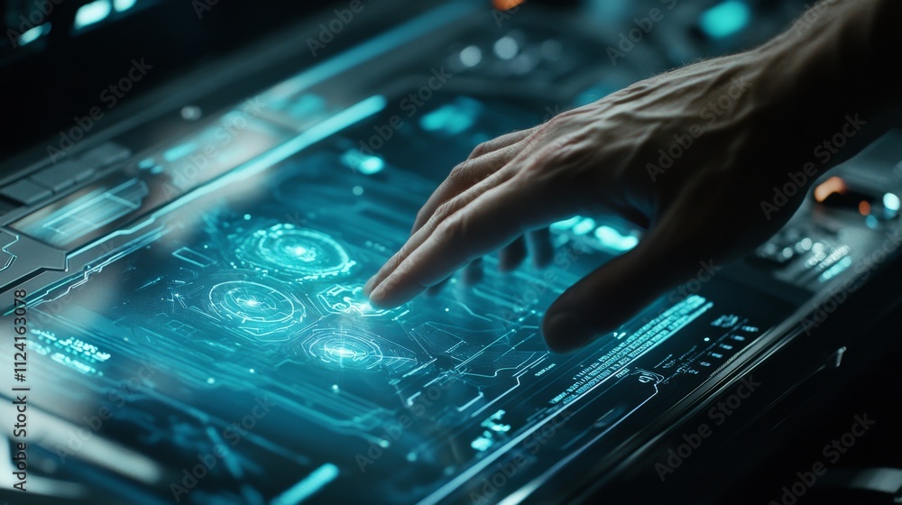 Poster futuristic holographic interface interaction technology lab digital display high-tech environment cl
