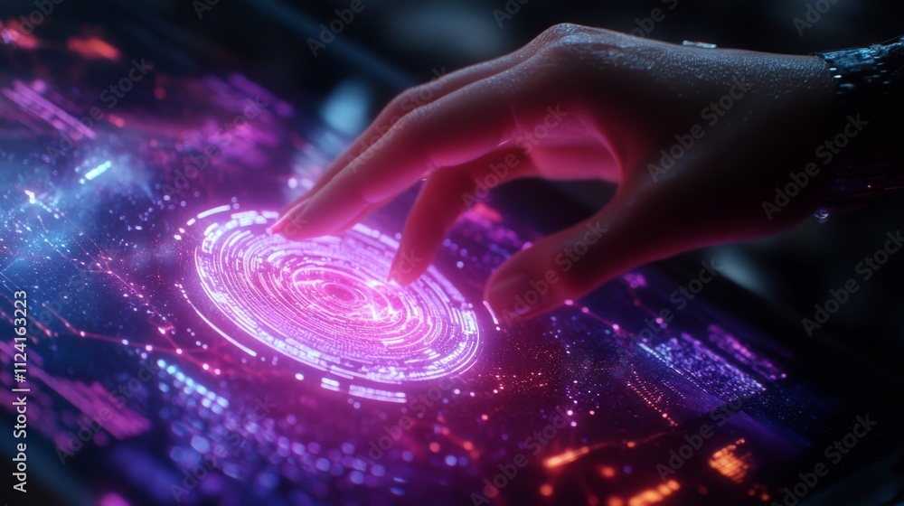 Poster futuristic interaction with holographic interface virtual space digital art tech environment close-u