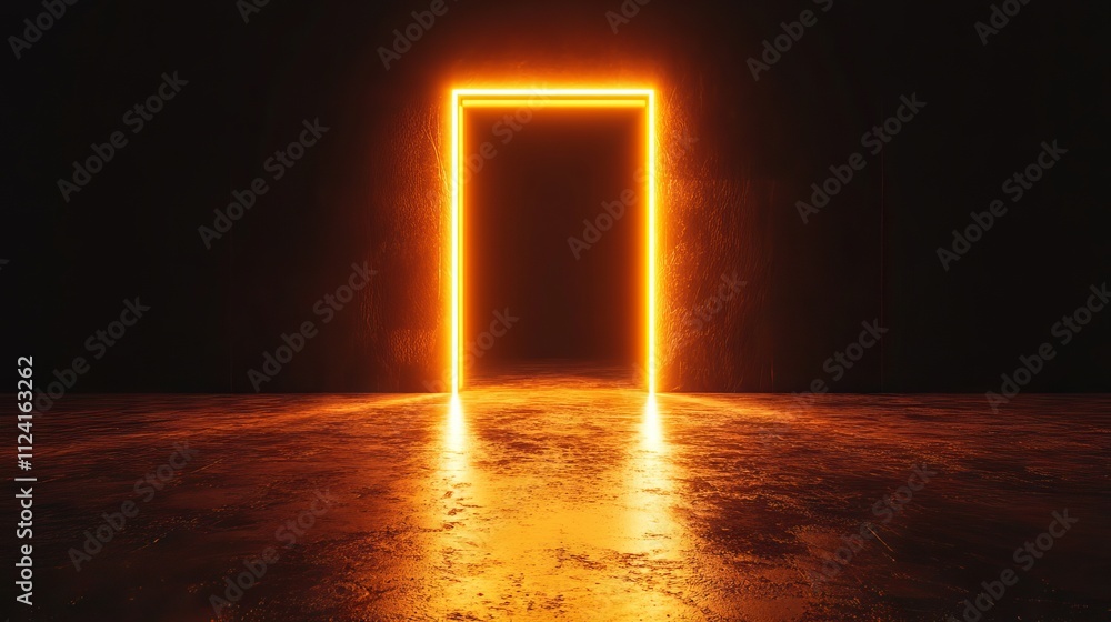 Aufkleber high-quality 3d rendering of an abstract door illuminated by orange light elements in an empty black