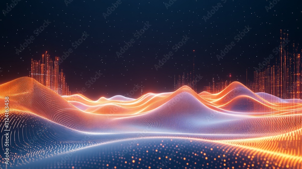 Poster abstract digital landscape with glowing hills and data points.