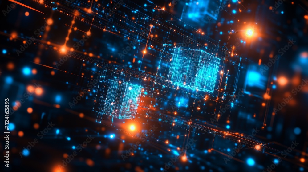 Aufkleber abstract digital network with glowing cubes and lines.