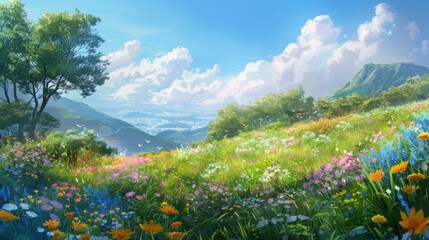 Wildflowers swaying in a gentle breeze enchanted landscape under a bright blue sky nature scene cheerful environment vibrant viewpoint