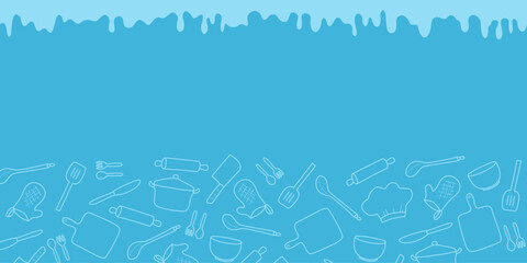 Cooking flat horizontal pattern. Kitchen utensil and appliance cartoon texture. Blue kitchenware sketch clipart.