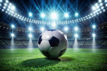 Fototapeta premium Soccer ball on the stadium field with lights in the background