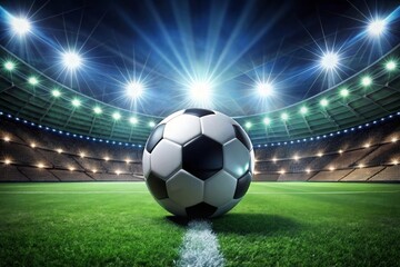 Naklejka premium Soccer ball on the stadium field with lights in the background
