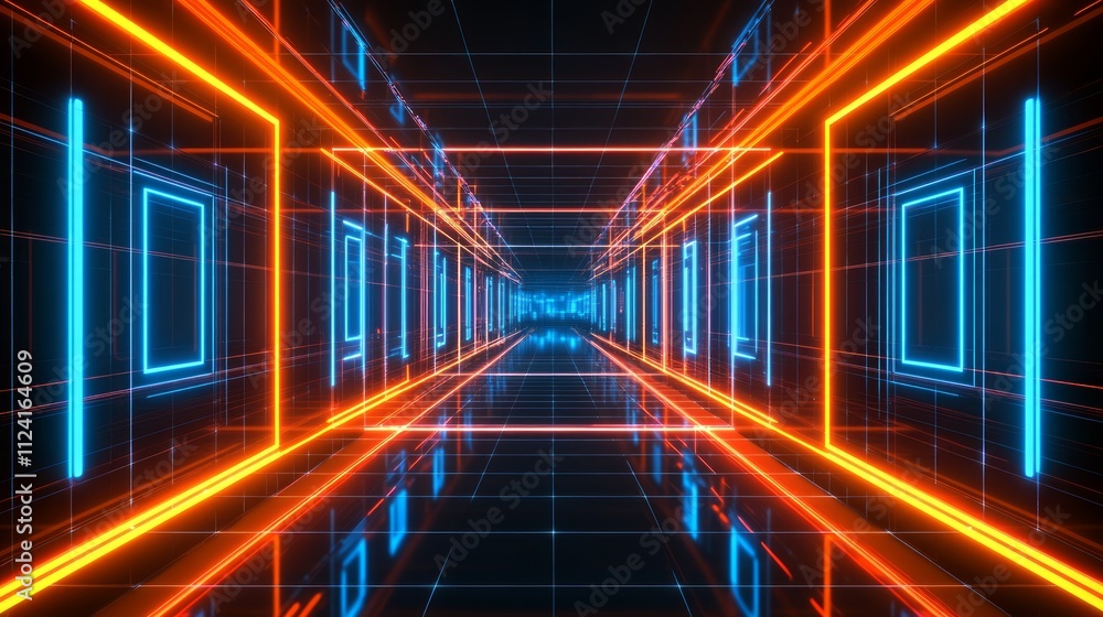 Poster abstract digital tunnel with glowing neon lines and grid.