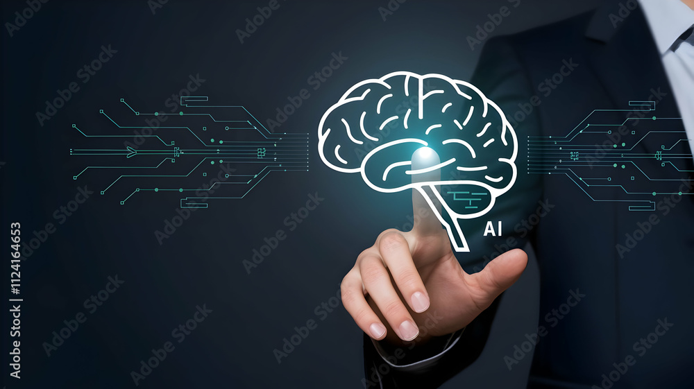 Poster ai brainpower: a businessman interacts with a digital brain, symbolizing artificial intelligence and