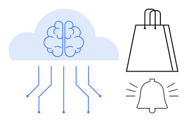 Blue brain within a cloud connected to lines, adjacent shopping bag, and notification bell. Ideal for e-commerce automation, AI, online shopping, digital marketing, customer service, notifications