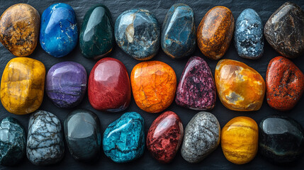 multicolored sea-polished stones creating a harmonious blend of colors symbolizing calm, balance, and natural beauty, with a touch of serenity and timeless elegance