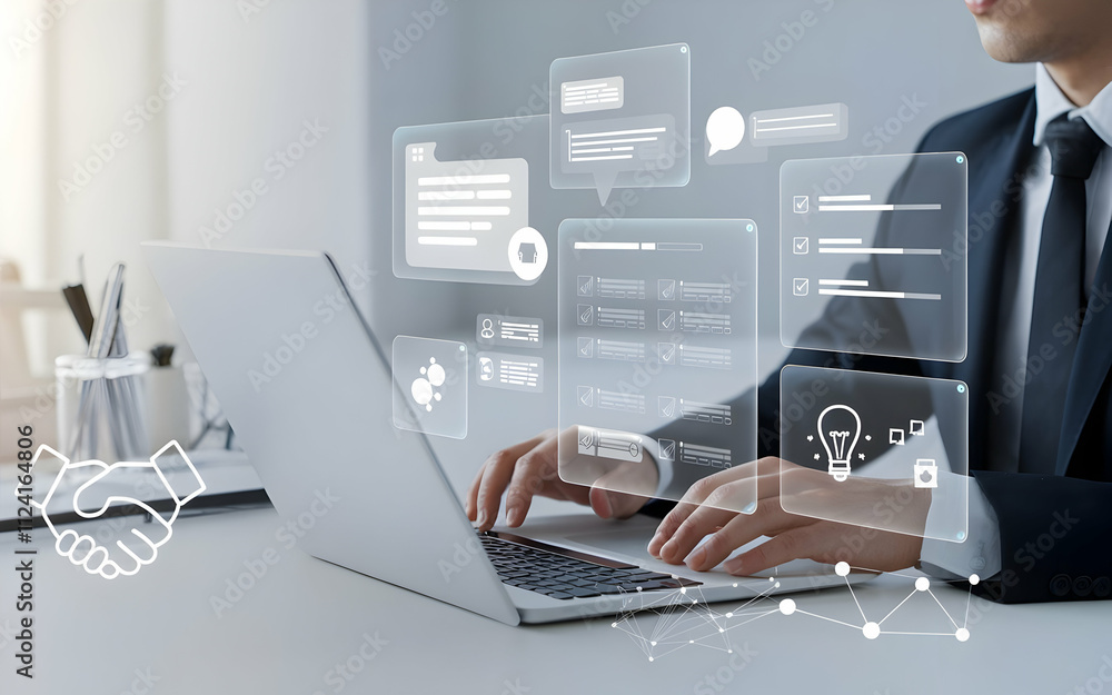 Poster digital transformation: businessman working on laptop with futuristic interface.