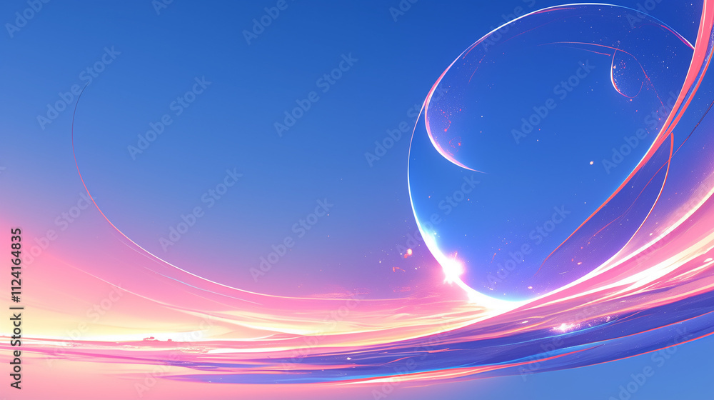 Sticker celestial arcs soar across a twilight sky blending pinks and blues with sparkling stardust trails