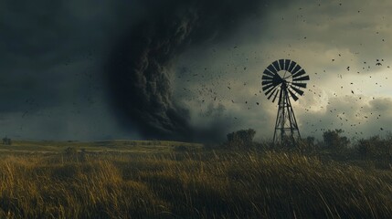 A tornado sweeping through a prairie with a distant waterfall barely visible through the storm clouds, the water being affected by the strong winds