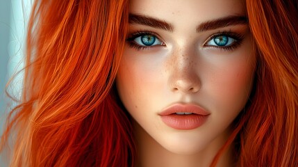 Fototapeta premium Portrait of a Young Woman with Fiery Red Hair, Striking Blue Eyes, Freckles, and a Soft Expression in a High-Definition Close-Up