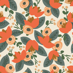 Folded poinsettia bouquet in red, cream and brown flowers with blue and green leaves on off white background. Seamless vector pattern. Great for home decor, fabric, wallpaper, gift wrap, stationery.