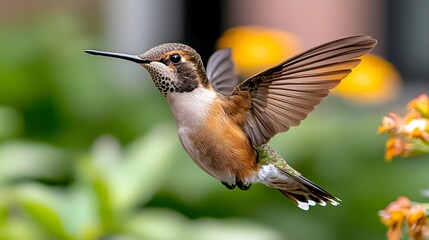 Close-Up of a Hummingbird in Flight with Vibrant Plumage and Delicate Wing Motion Among Blossoming Flowers in a Natural Green and Yellow Background