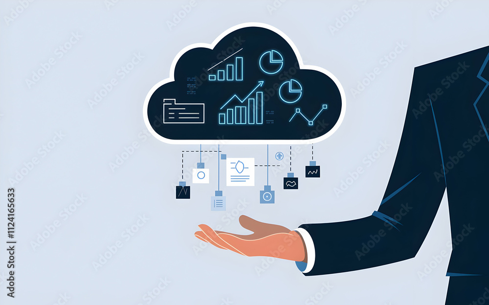 Poster cloud computing: man in suit holding cloud with data and network icon