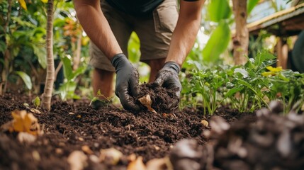 Fototapeta premium Gardening action soil preparation for planting home garden visual guide outdoor close-up shot sustainable practices