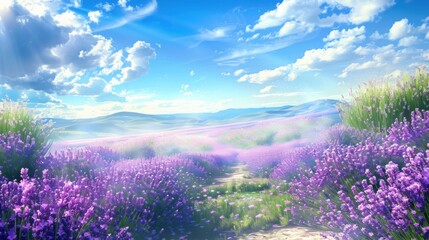 Captivating lavender blooms swaying in the breeze lavender fields landscape photography tranquil environment wide-angle view serenity and beauty