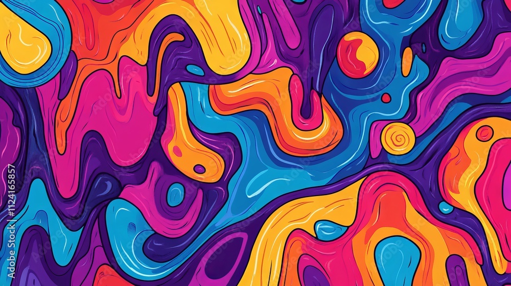 Poster hand drawn colorful retro style groovy psychedelic background with vibrant swirls, bold colors, and 