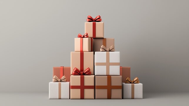 A stylish arrangement of gift boxes in various sizes and colors, topped with bows, set against a neutral background.