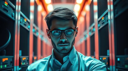 A focused individual stands confidently in a high-tech server room.