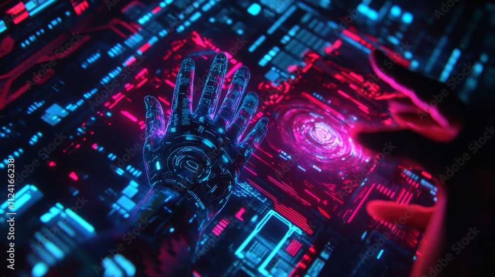 Aufkleber futuristic technology interaction cybernetic lab digital interface neon environment close-up view hu