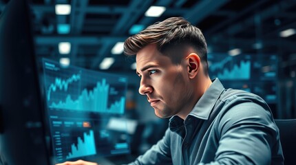 A focused individual analyzing data on multiple screens in a modern workspace.