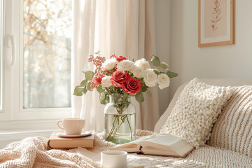 A glass vase with red and white roses on a neutral table, styled with a book and a cup of tea, illuminated by soft natural light.