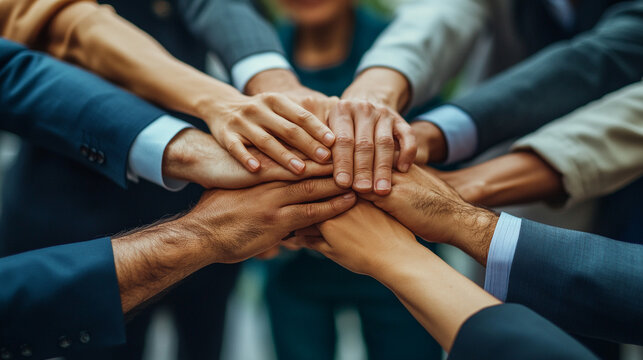 Multiple hands from diverse individuals coming together in unity, symbolizing teamwork, collaboration, inclusivity, and collective effort. A vibrant representation of diversity and shared goals