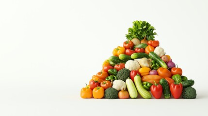 A vibrant pyramid of assorted fresh vegetables including tomatoes, peppers, cucumbers, and greens on a light background.