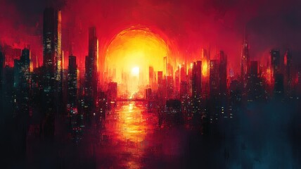 Vibrant sunset over a city skyline reflecting on the water.
