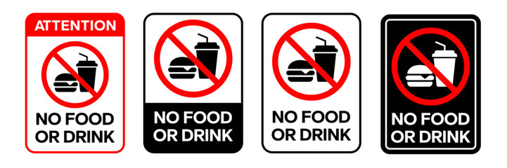 No food or drink allowed sign. No eating or drinking sign. No food or drink logo, label, badge, sticker, symbol, emblem, stamp, banner, circle, black, line, flat vector, isolated illustration.