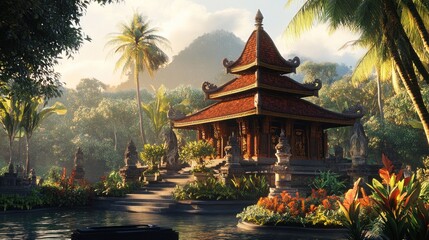 Serene Asian Temple by the Lake at Sunrise