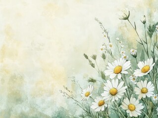 A rectangular floral frame of wildflowers, daisies, and chamomile on a textured watercolor background