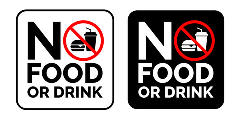 No food or drink allowed sign. No eating or drinking sign. No food or drink logo, label, badge, sticker, symbol, emblem, stamp, banner, circle, black, line, flat vector, isolated illustration.