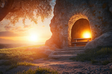 Serene Sunset at the Entrance of an Ancient Cave with a Wooden Bench Surrounded by Nature and Featuring Glowing Light from the Setting Sun