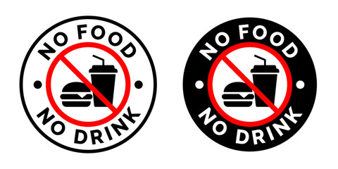 No food or drink allowed sign. No eating or drinking sign. No food or drink logo, label, badge, sticker, symbol, emblem, stamp, banner, circle, black, line, flat vector, isolated illustration.