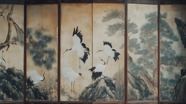 A Traditional Korean Folding Screen from the Joseon Dynasty: Intricately Painted with Cranes, Pine Trees, and Mountains in a Classical Style, No Background