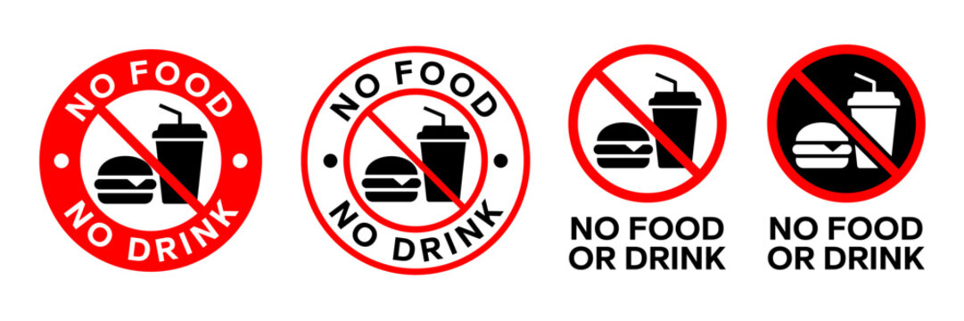 No food or drink allowed sign. No eating or drinking sign. No food or drink logo, label, badge, sticker, symbol, emblem, stamp, banner, circle, black, line, flat vector, isolated illustration.